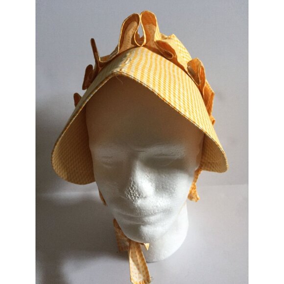 Vtg 1960\'s Cotton Prairie Bonnet Button Scallop Edges Yellow And White Gingham main image 8
